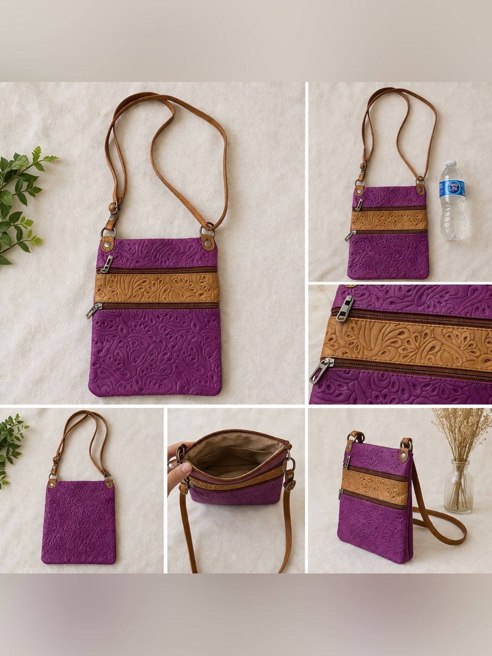 Purple and Tan Crossbody Bag with Embossed Floral Detail